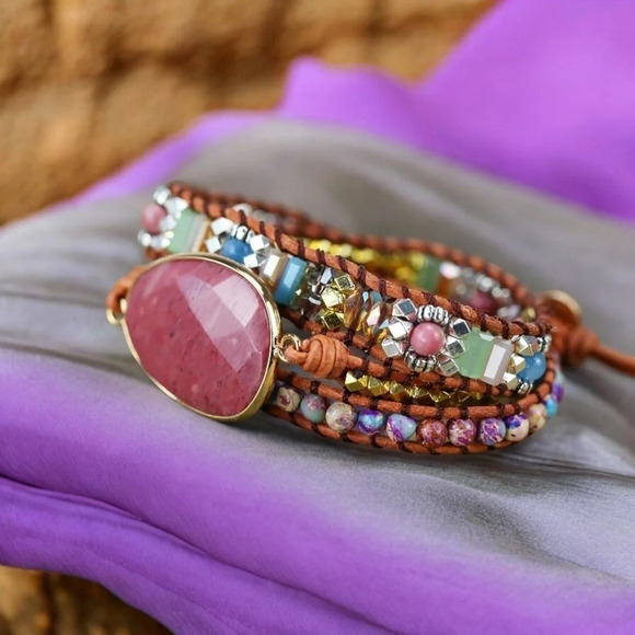 🆕️Elegant Triple Wrap Leather Bracelet Rhodonite Jasper Crystal Beads Jewelry - Picture 10 of 12
